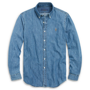 <span class=keywords><strong>Camicia</strong></span> in <span class=keywords><strong>Denim</strong></span> da <span class=keywords><strong>uomo</strong></span> con Logo classico ricamato in cotone 100% con risvolto a manica lunga Casual Slim-Fit lavato all'ingrosso - Product Image 5