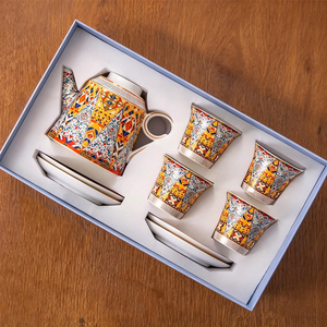 Ceramic Tea <b>Set</b> - Mediterranean Floral <b>Teapot</b> with 4 Cups and Saucers - Product Image 1