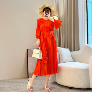 2025 printemps été mode robuste perlé brodé plissé anti-âge Style occidental lâche a-ligne longueur au sol <span class=keywords><strong>solide</strong></span> pour - Product Image 3