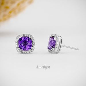 Elvora Gems Women's 14k Gold Halo <b>Stud</b> <b>Earrings</b> 3-Prong Setting Natural Citrine Garnet Aquamarine <b>Blue</b> Topaz-Everyday Wear - Product Image 6