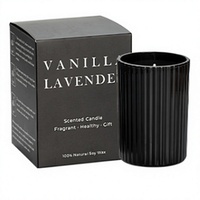 Bougie d'aromathérapie en verre côtelé noir 180g, 8 parfums, cire noire, coffret cadeau, vente en gros, fournisseur OEM ODM, marque privée