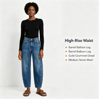 Jean Balloon Tendance pour Femme Taille Haute avec Détail Œillets Dorés 2026 Streetwear
