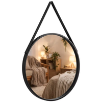 Miroir mural rond moderne en PVC de 3 mm avec sangle de suspension en similicuir, style nordique, miroir décoratif pour chambre à coucher et salle de bain