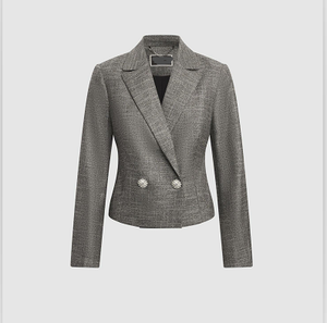 Blazer Corto Entallado de Mujer con Doble Abotonadura y Estampado de Pata de Gallo Gris – Chaqueta de Oficina y Eventos con Solapa Entallada - Product Image 1
