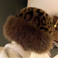 FF4659 Chapeau de Pêcheur Tendance Léopard Hiver Chaud en Peluche à Oreilles d'Ours pour Femmes, Bob Doux en Fausse Fourrure