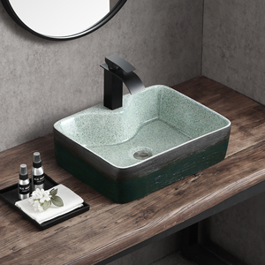 Artistic Gradient Green Brown Textured Grey Speckled Inner Ceramic Square Vessel Sink for EU Nordic Nature <strong>Inspired</strong> <strong>Bathroom</strong> - Product Image 1
