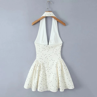 Robe Courte Femme Printemps-Automne à Col V et Taille Haute, Sans Manches, Dos Nu, Imprimé Pois de Haute Qualité