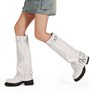 Bottes montantes pour femme à semelle épaisse, personnalisables et amovibles, à lacets, talons carrés, chaussures décontractées en jean, bout rond, décorées de rivets, style escarpins - Product Image 2
