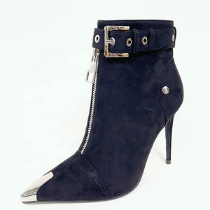 Nouvelles Bottines Tendance pour Femme à Talons Hauts Métalliques Pointus, avec Boucles, en Cuir, Fermeture Éclair Avant, Talon Aiguille, Courtes d'Été - Product Image 5