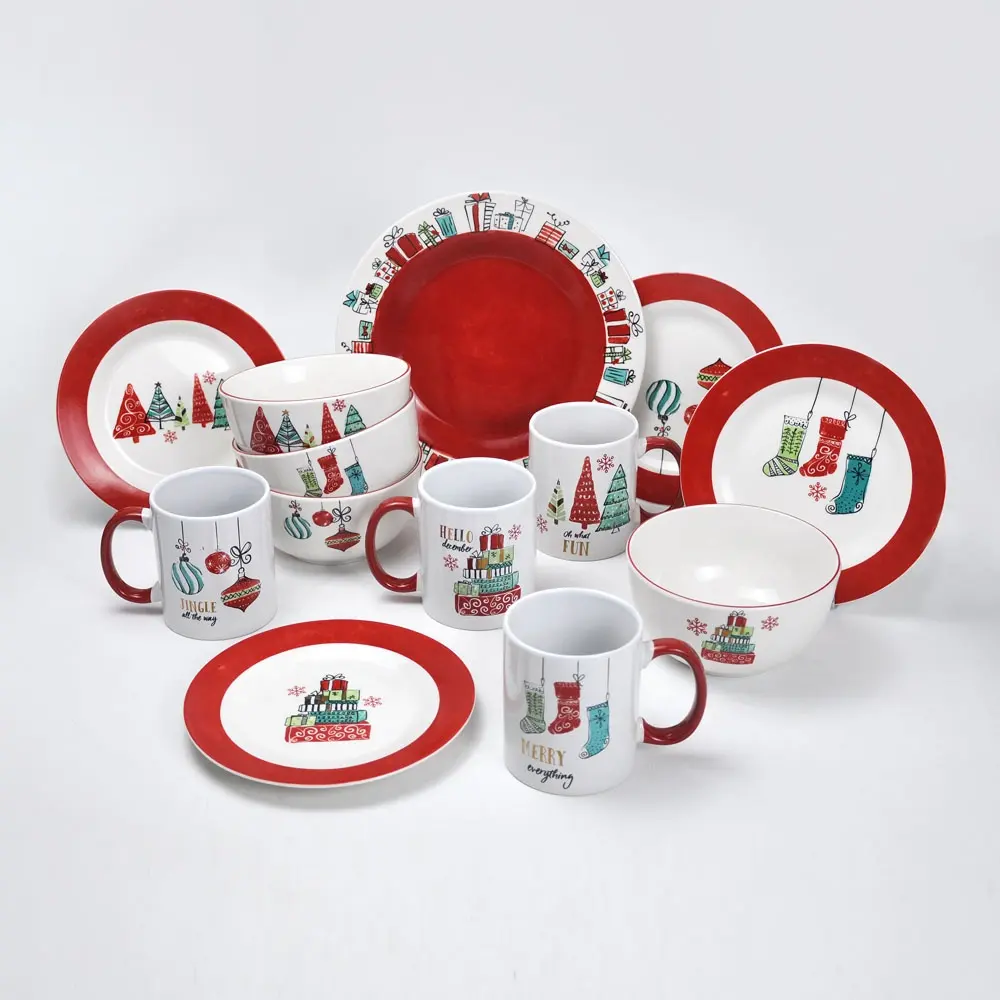 Керамическая посуда с рождественским дизайном, набор посуды для рождественского сезона, сервис для 4