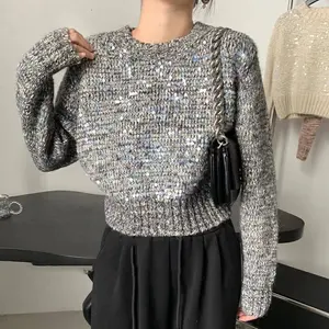 Cis merajut pabrik produsen sweater kosong o-neck crop top Perempuan sweater payet patch lengan panjang longgar pullover rajut