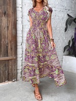 Robe longue décontractée pour femme, col en V, manches courtes, imprimé floral géométrique, taille haute, coupe trapèze fluide