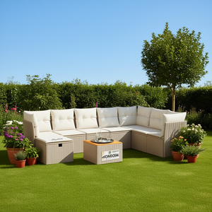 Ensemble de canapés de jardin beige crème blanc en rotin, mobilier d'extérieur avec rangement, 6 places, design contemporain - Product Image 2