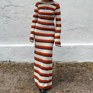 NUOVO <span class=keywords><strong>Abito</strong></span> Lungo da Donna <span class=keywords><strong>in</strong></span> <span class=keywords><strong>Maglia</strong></span> a Righe con Maniche Lunghe, <span class=keywords><strong>Schiena</strong></span> <span class=keywords><strong>Scoperta</strong></span>, Stile Crochet, Vestito Maxi da Spiaggia - Product Image 3