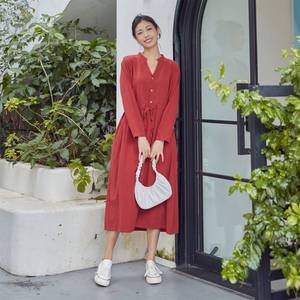 Abito Midi Casual da <span class=keywords><strong>Donna</strong></span> in Cotone, Vestibilità Ampia, Manica Lunga, Scollo a V, Personalizzabile, Taglie Forti, OEM ODM - Product Image 1