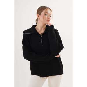 Pull en tricot à col zippé Thessaloniki noir pour femme, manches longues, anti-boulochage, style normcore minimaliste - Product Image 4