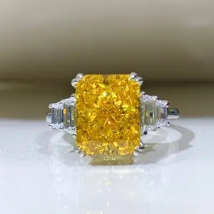 Perhiasan Batu Permata Alami Cincin Pertunangan Pernikahan Perak Murni 925 Mewah Potongan Biru Topaz Kuning Cincin Moissanite