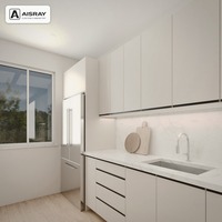 Meuble de cuisine modulaire, portes en mélamine au design contemporain, aménagement en îlot, livraison en kit et rangement coulissant