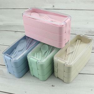 Wheat Straw Grade Material Leak Proof 3 Layer Container Food Plastic Bento Student Lunch <b>Box</b> With Spoon and Fork - Product Image 1