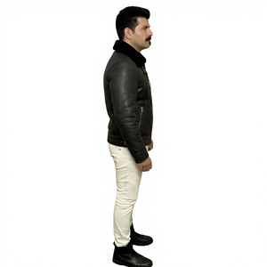 Black Leather Jacket With Black Fur Collar Winter Shearling B3 <b>Coat</b> Genuine Sheepskin Warm Fleece <b>Lined</b> Biker Jacket - Product Image 5