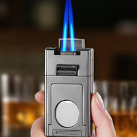 Briquet multifonctionnel en gros, double flamme droite gonflable, coupe-cigare et aiguille intégrés, flamme bleue coupe-vent