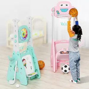 Nieuwe Kids Kinderen Leuke 5 In 1 Voetbal Gate Indoor Cartoon Plastic Verstelbare Basketbal Hoepel Stand