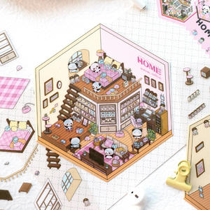 Livre de Collage de paysage miniature mignon <span class=keywords><strong>3</strong></span> autocollants pour animaux de compagnie par paquet Panda tranquille Illustration de maison cubique couverture de livre <span class=keywords><strong>d</strong></span>écorative - Product Image 1