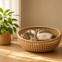 Panier tressé artisanal pour chat, nid pour animaux de compagnie en rotin naturel, lit rond ouvert avec bord tressé pour chats et petits chiens, vente en gros