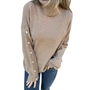Black Knitted Pullover Sweater <strong>Turtle</strong> High <strong>Neck</strong> Loose Casual Winter Autumn <strong>Ladies</strong> Long Sleeve Buttons Knit <strong>Jumper</strong> Tops for Women - Product Image 2