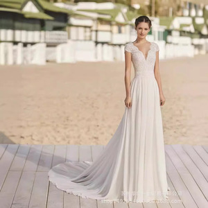 White Sheath Wedding Dress V-neck Lace Slim Fit Long Train Elegant Bridal Gown - Product Image 2
