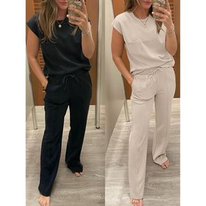 FOXA Women Two Piece Set Sleeveless O Neck <b>Top</b> Wide Leg Pants Breathable Knitted Casual Summer Outfit - Product Image 6