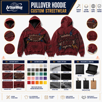 Sweat à capuche personnalisé pour homme, rouge brique, délavé à l'acide, avec imprimé graphique d'explosion de bande dessinée et de foudre, OEM ODM
