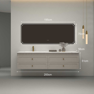 Modern <b>floating</b> bathroom vanity with vessel sink and round mirror wall mounted two drawers - Product Image 5