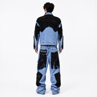 Ensemble de jeans DIZNEW pour homme, veste bleu clair à sequins noirs, pantalon baggy, broderie lettres, motif étoile, bords bruts, style artistique, personnalisé OEM
