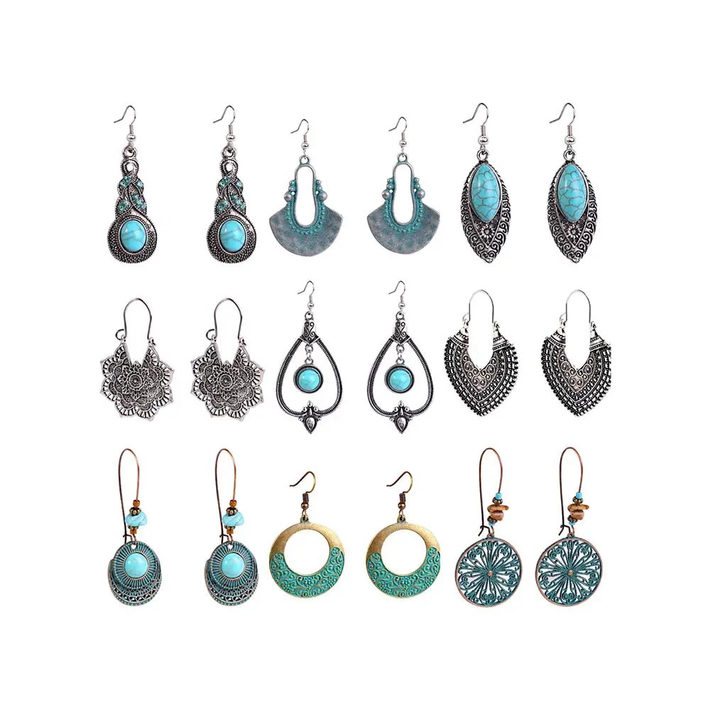Bohemian Turquoise Earrings Retro Hollow Flower Styles Vintage Women Earrings Boho Bohemian Chic Jewelry