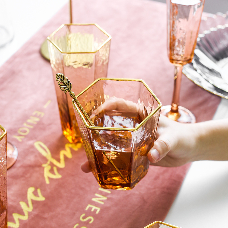 Hot Sale Orange Color Hexagonal Fancy High Quality Water Wine Glass Gift Set