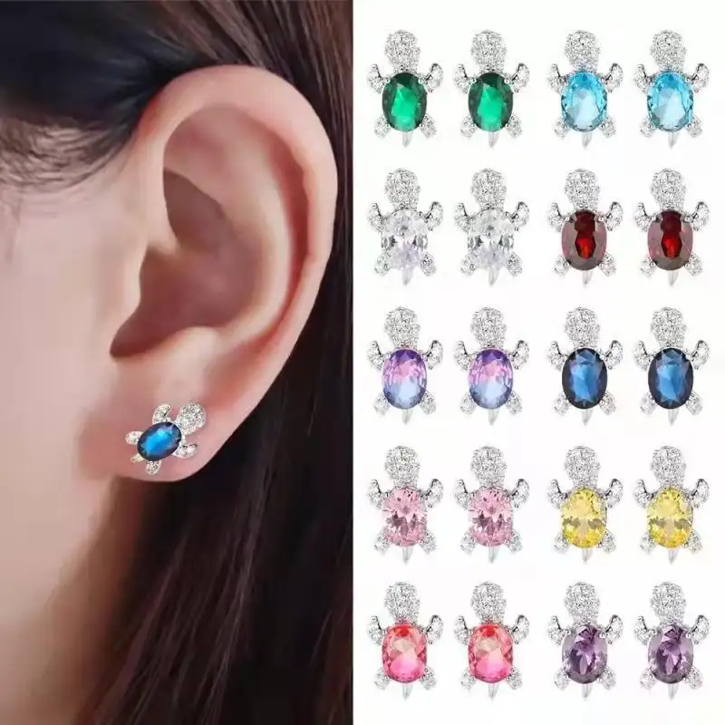 Summer Cute 14 Colors Silver Plated Full Diamond Crystal Animal Tortoise Stud Earrings Colored Zircon Tity Turtle Stud Earrings