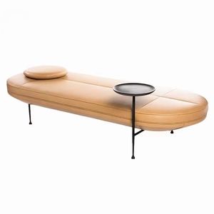 Sofá moderno de cuero genuino en forma de I para sala de estar tapizado con mesa auxiliar patas de metal material de madera <span class=keywords><strong>sin</strong></span> <span class=keywords><strong>respaldo</strong></span> - Product Image 5