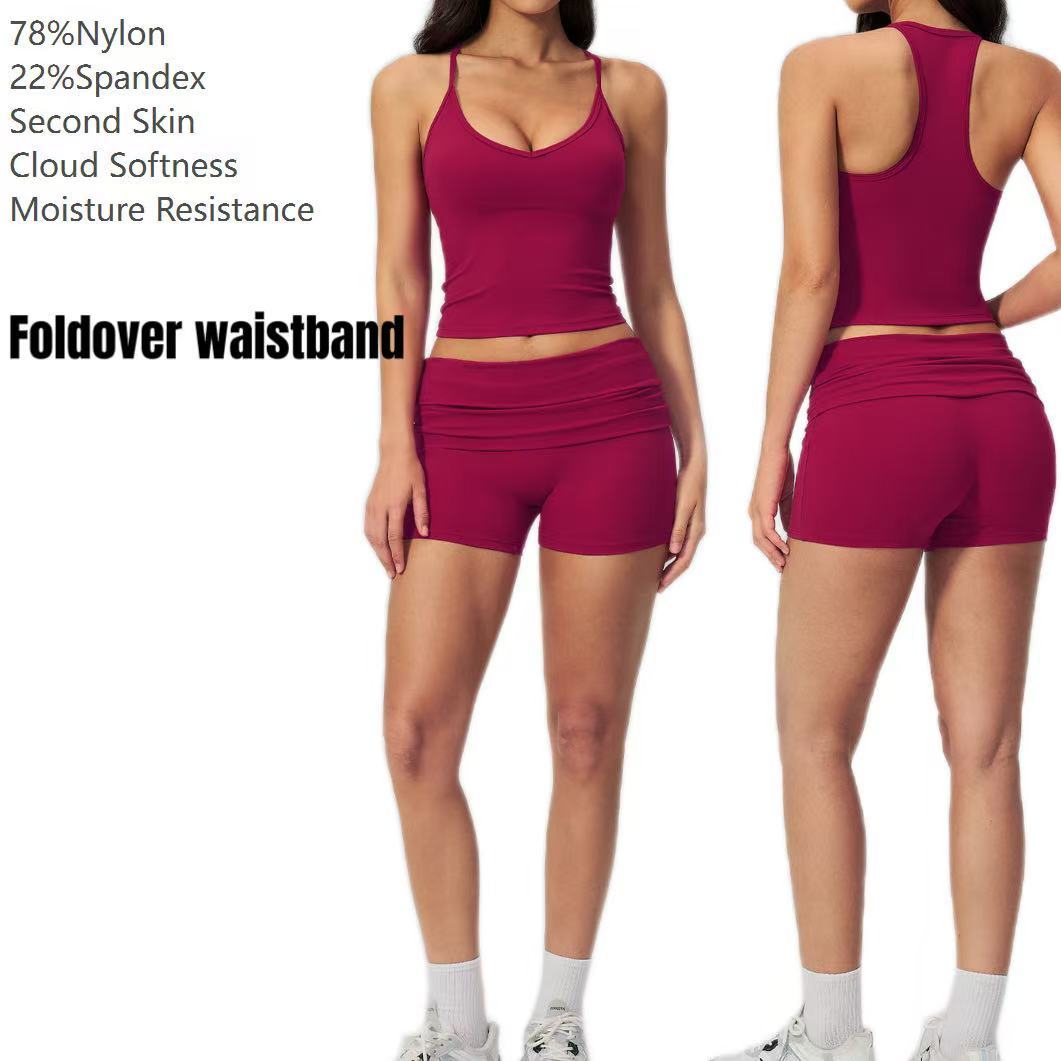 Women's Sports Wear Racerback Tank Top & Fold Over Waistband Shorts Two Piece Solid Yoga Gym Workout Set Ropa Deportiva Mujer