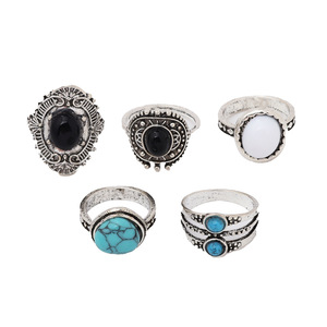 Juego de Anillos de Moda, 5 Piezas, Turquesa, Negro, Blanco, con Incrustaciones de Piedras, Unisex, Regalo, Joyería - Product Image 5