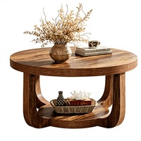 Table basse ronde moderne en bois massif avec plateau en panneaux et design de rangement à double niveau d'inspiration vintage pour petits salons - Vente en gros