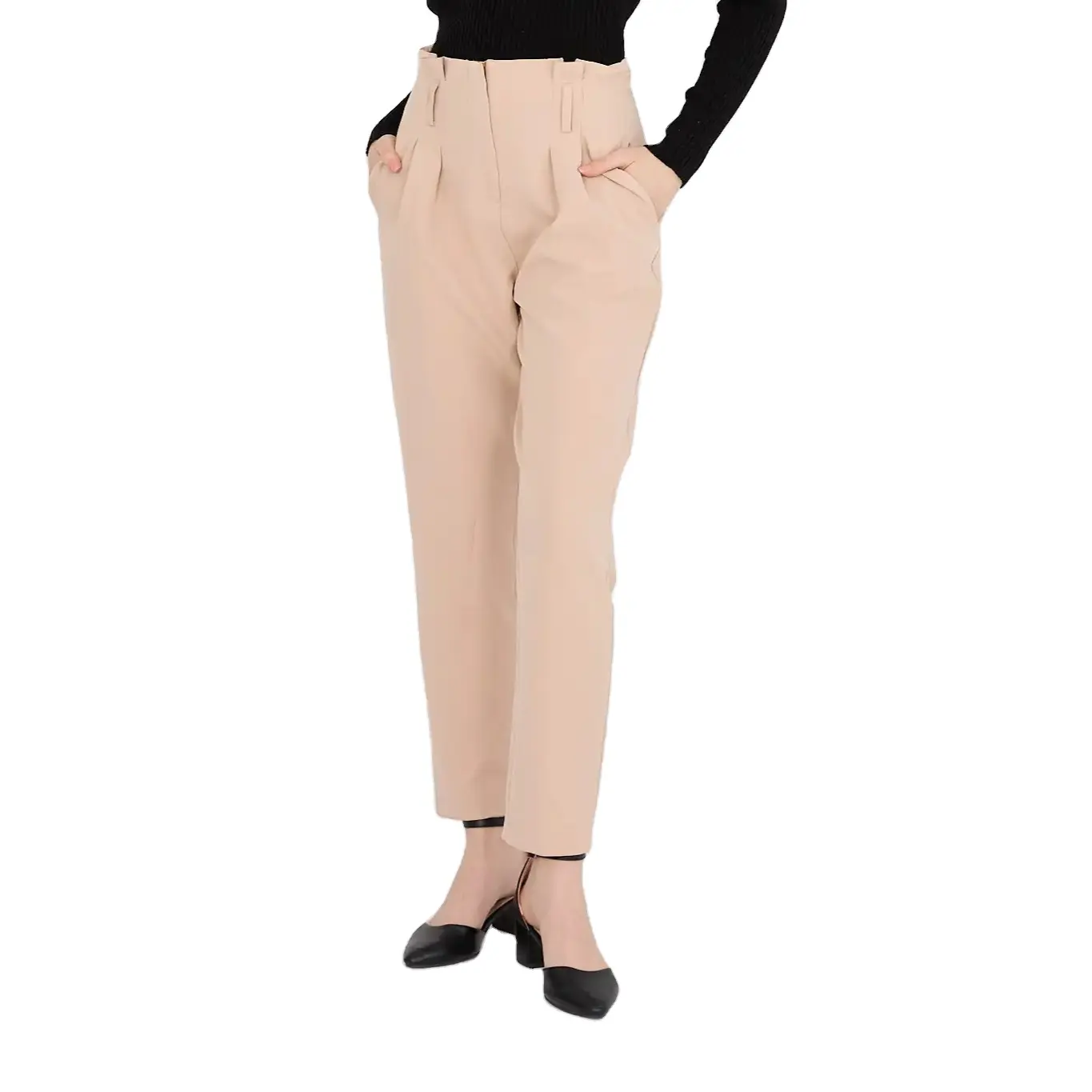 Pantalones beige con cremallera hebilla detalle mancuerna tela skinny pierna Pantalones