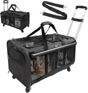 Sac de transport pour animaux de compagnie de luxe, souple, approuvé par les compagnies aériennes, avec fermeture éclair, pour chat et chien, avec roulettes amovibles, pliable - Product Image 1