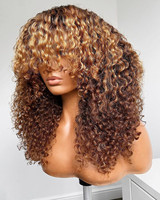 Perruques Lace Front en Cheveux Humains à Cuticules Alignées, Ondulées Bouclées, Couleur Mèches Blond Miel, avec Frange Complète