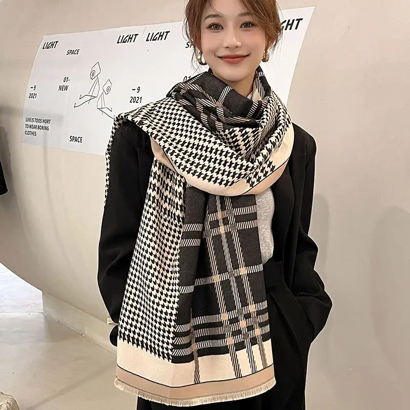 2022 New Custom Fashion Winter Cashmere Scarf For Men Stylish Double Sided Plaid Pattern Houndstooth Pashmina Shawls Women