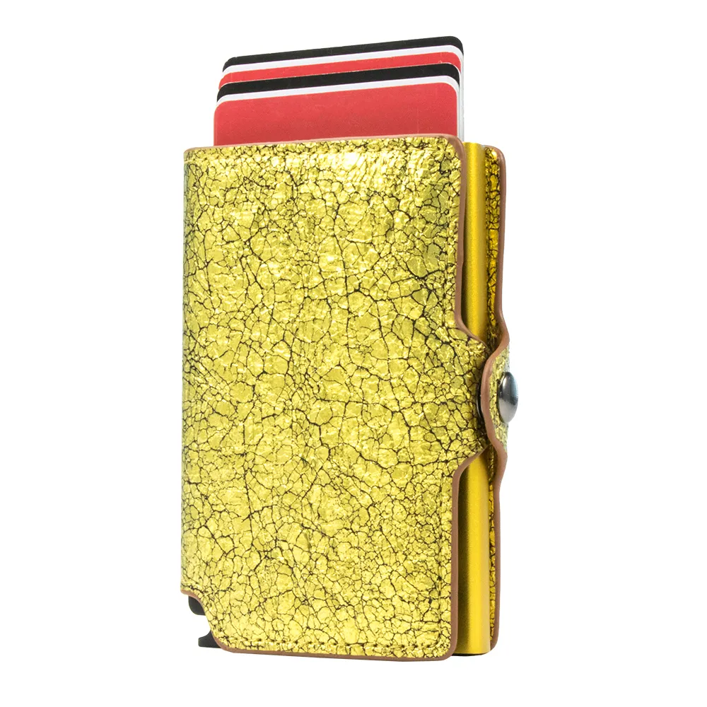 Lüks altın metalik Pu deri Pop Up kart vaka RFID akıllı kart sahibi moda otomatik sürgülü düğme Metal kart tutucu