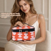 Tas Kosmetik Kulit PU Motif Titik Oranye Abstrak dengan Ritsleting Ganda dan Pegangan untuk Perjalanan