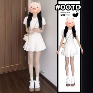 White Shirt Dress For Women Short Sleeve Polo Neck Pleated Skirt Set Breathable Casual Daily Wear - Product Image 5