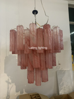 Lustre en verre rose alabastre de Murano, structure tubulaire, éclairage suspendu pour la décoration du salon