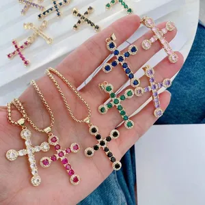 Iced Out Gold Ankh Cross Pendant Necklace Cheap Jewelry Wholesale Pendant Rainbow CZ Cross Necklace